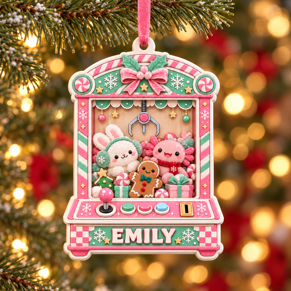 Pink Claw Machine Holiday Arcade Game with Plush Bunny and Axolotl - 3D Relief Ornament