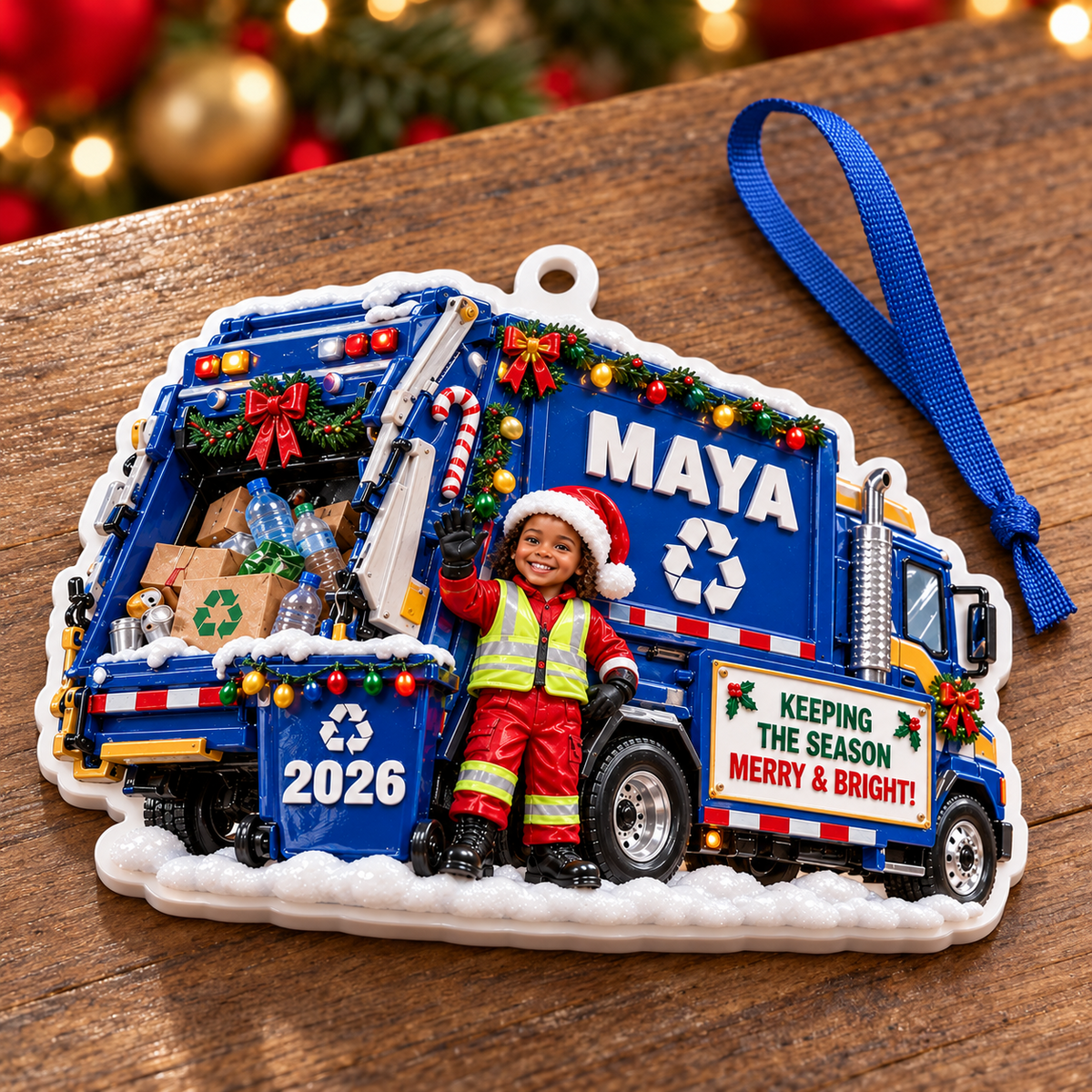 Recycling Garbage Truck Holiday Keepsake with Little Worker - 3D Relief Ornament