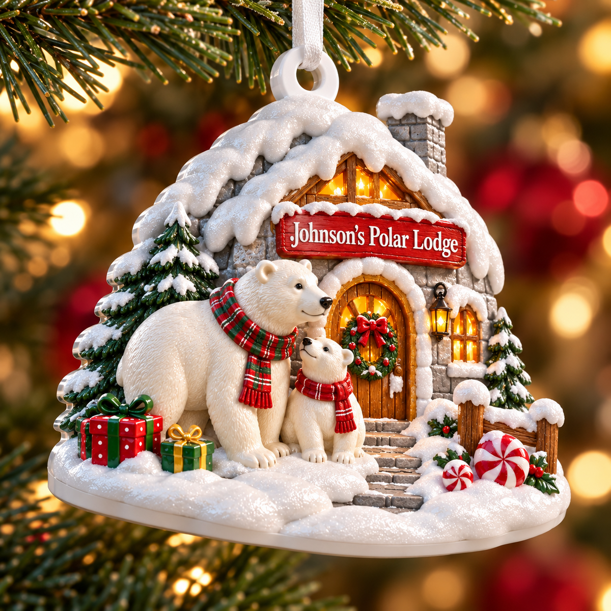Snowy Cabin Polar Bear Family Christmas Tree Decor - 3D Relief Ornament