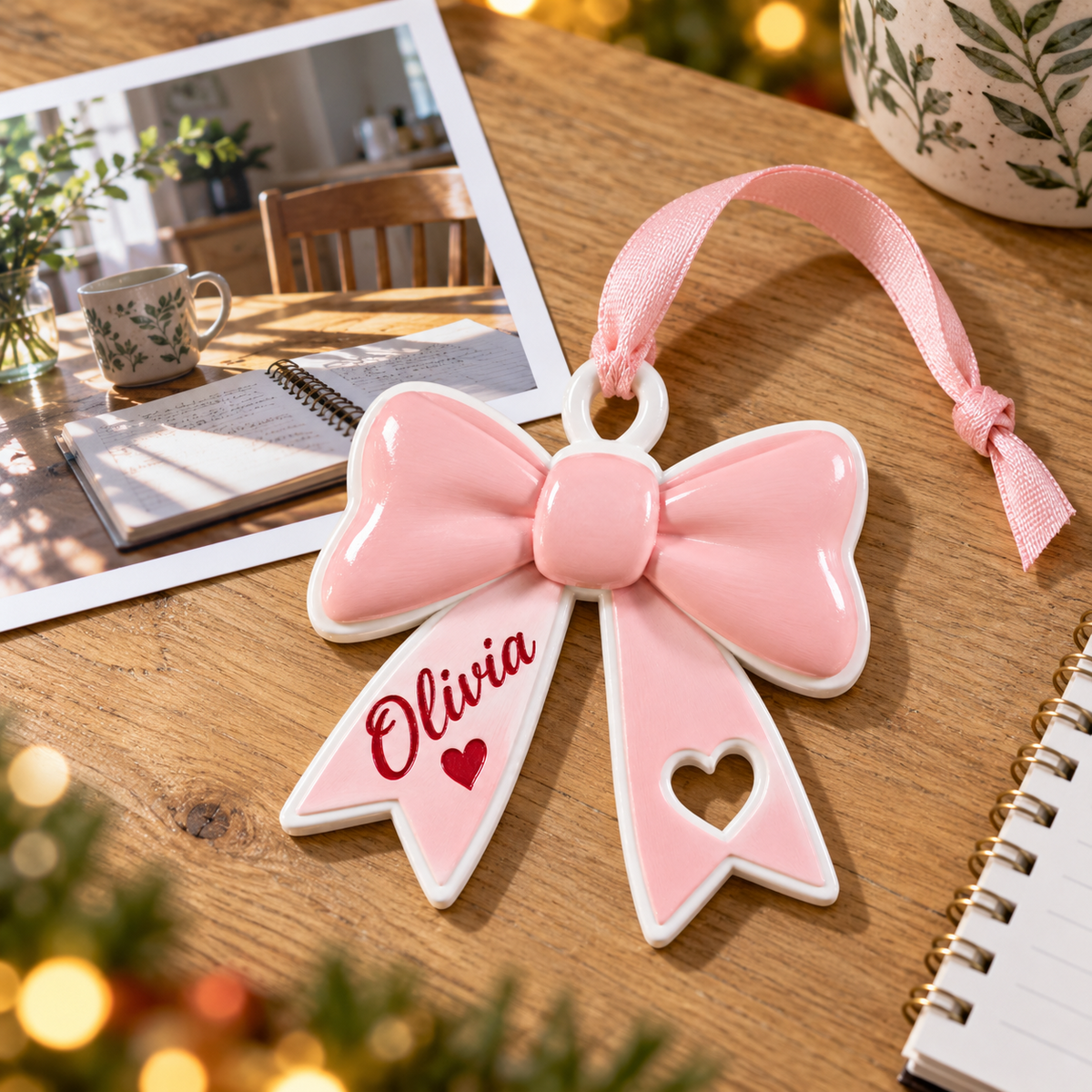 Coquette Pink Ribbon Bow Holiday Tree Keepsake with Heart Cutout - 3D Relief Ornament