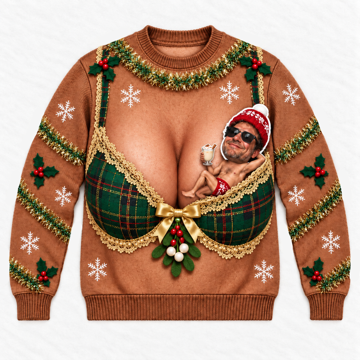 Funny Christmas Sweatshirt, Brown Novelty Plaid Bra Graphic Crewneck