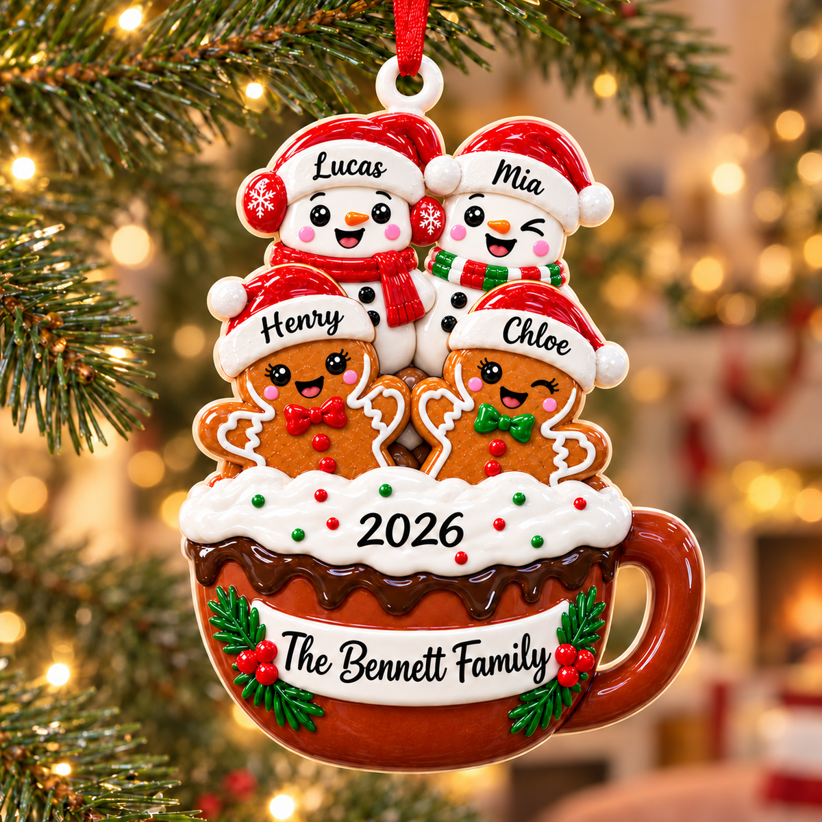 Hot Cocoa Mug Snowman and Gingerbread Family Holiday Tree Hanging Decor - 3D Relief Ornament