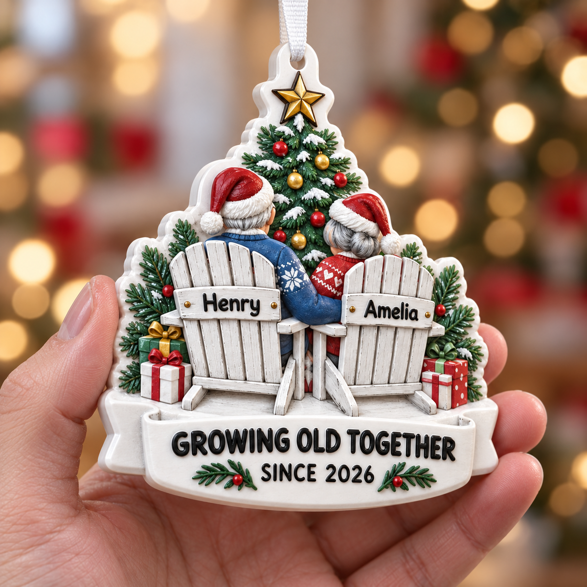 Christmas Tree Hanging Decor Growing Old Together Couple in Adirondack Chairs - 3D Relief Ornament