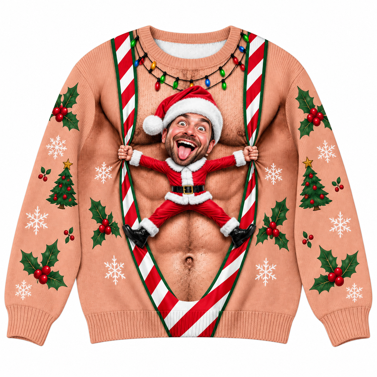 Ugly Christmas Sweatshirt Faux Hairy Chest Candy Cane Suspenders
