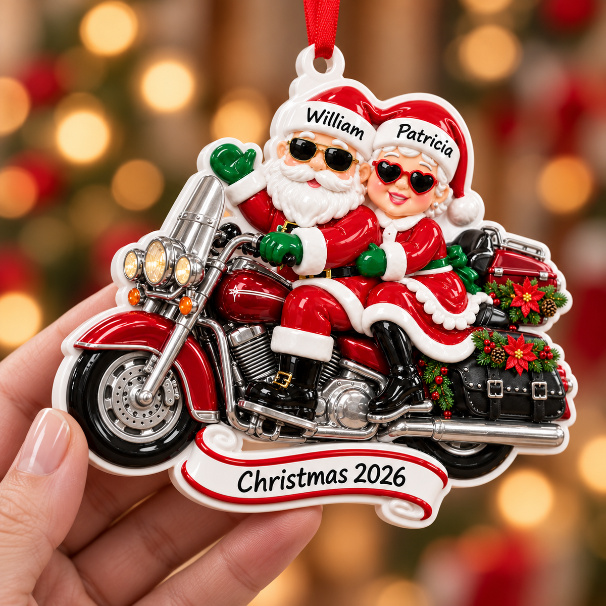 Motorcycle Riding Santa and Mrs Claus Christmas Tree Hanging Decoration - 3D Relief Ornament