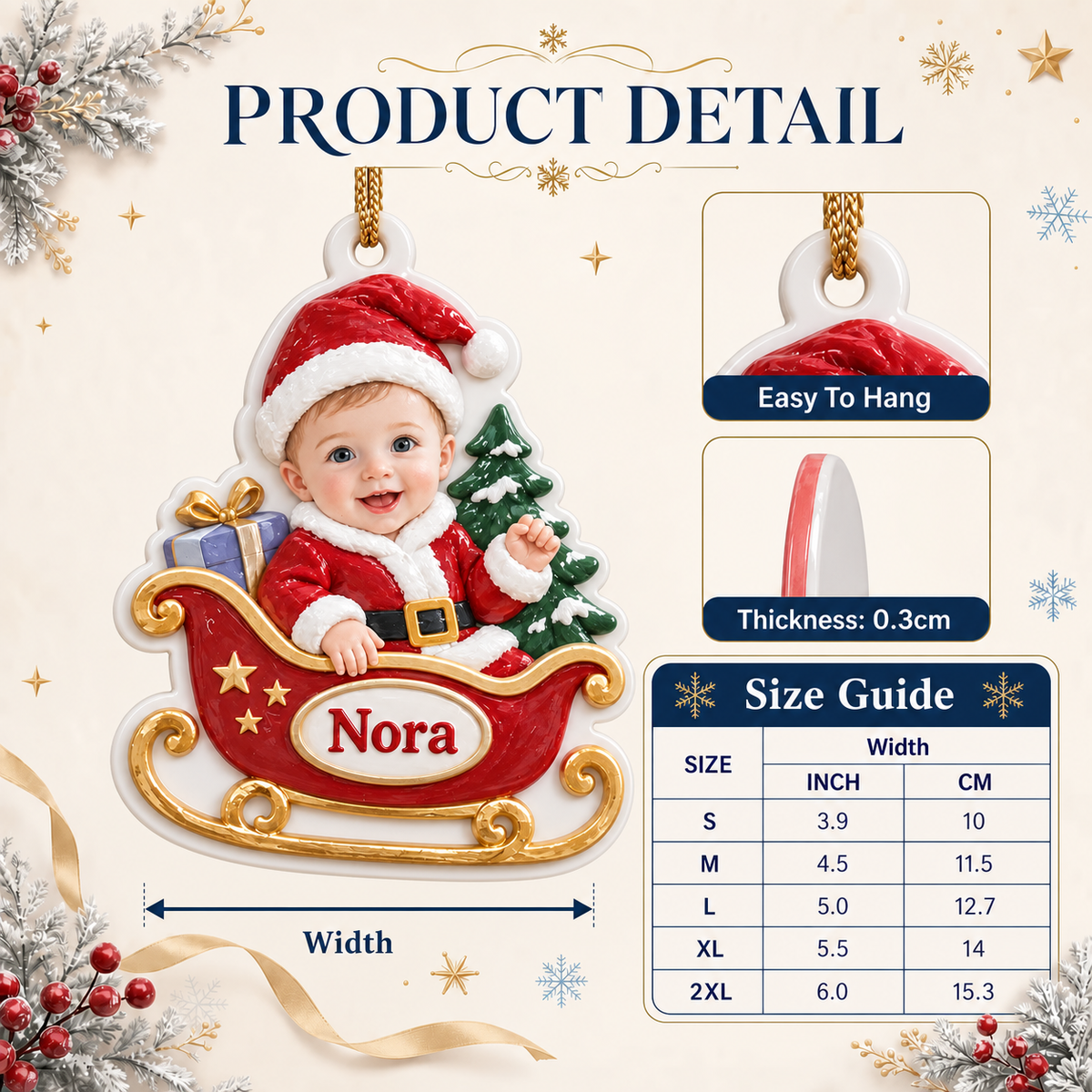 Baby Santa Sleigh Holiday Tree Hanging Keepsake in Red and Gold - 3D Relief Ornament