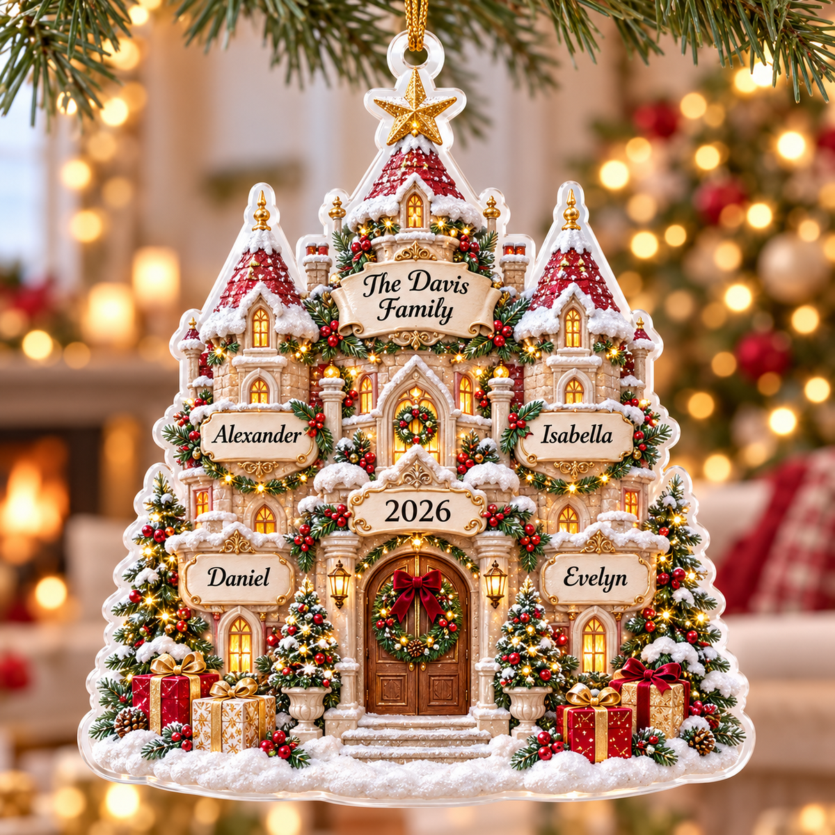 Snowy Christmas Castle Acrylic Hanging Keepsake - 3D Relief Ornament