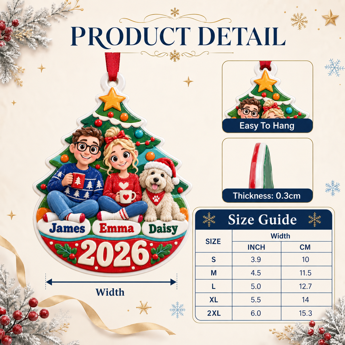 Couple with Pet Dog by Christmas Tree Holiday Keepsake Plaque - 3D Relief Ornament