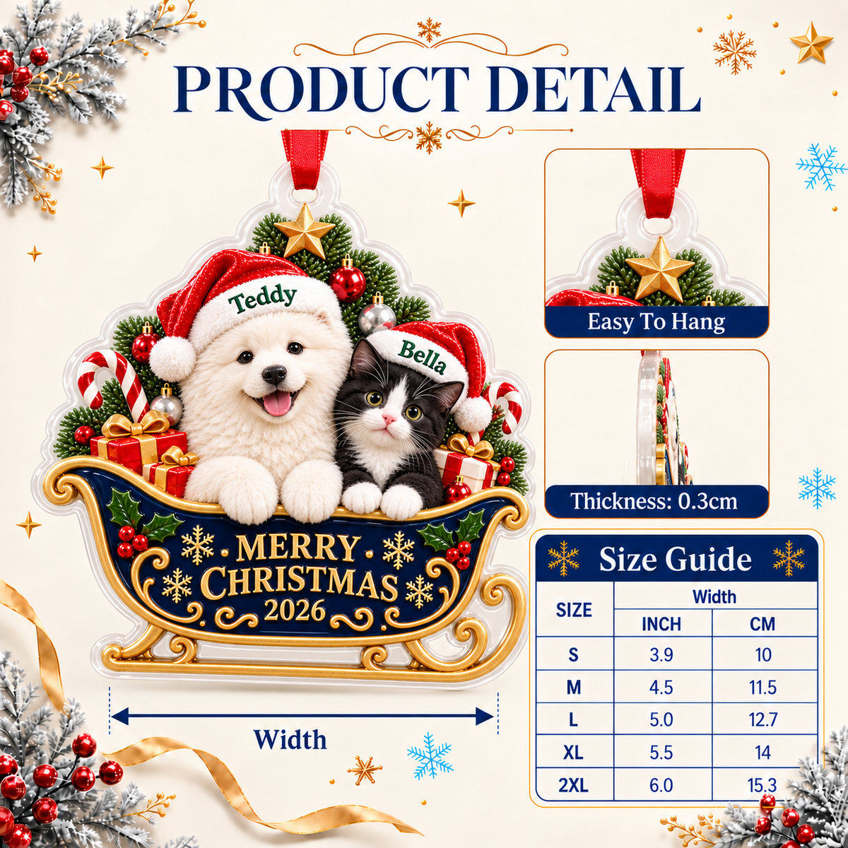 Dog and Cat in Santa Sleigh Acrylic Christmas Holiday Hanging Decoration - 3D Relief Ornament