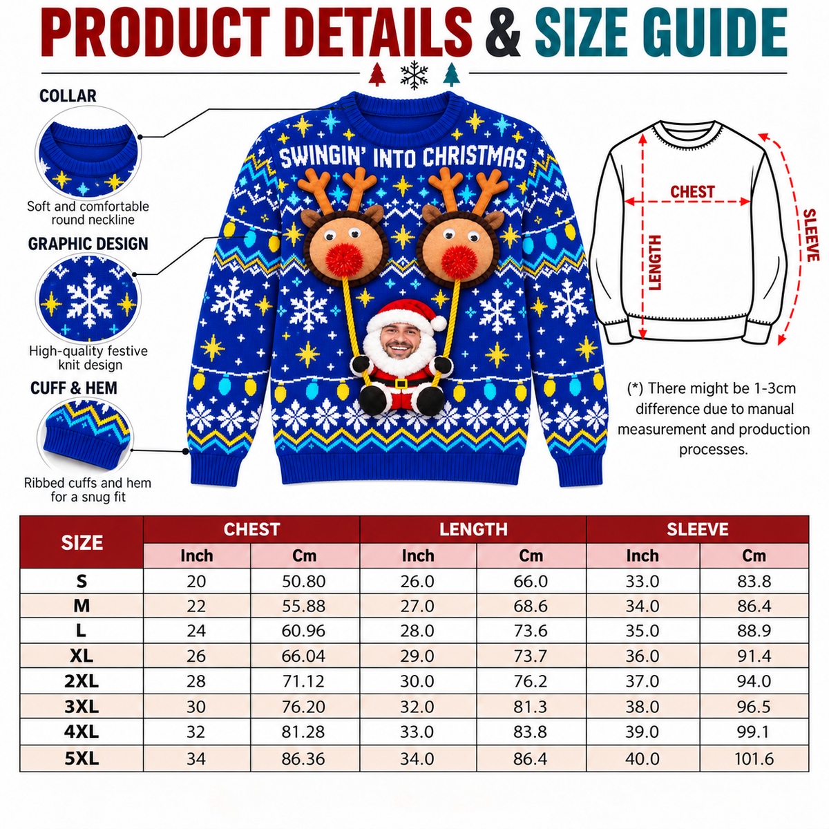 Ugly Christmas Sweater Swingin Reindeer Santa Long Sleeve Knit Top