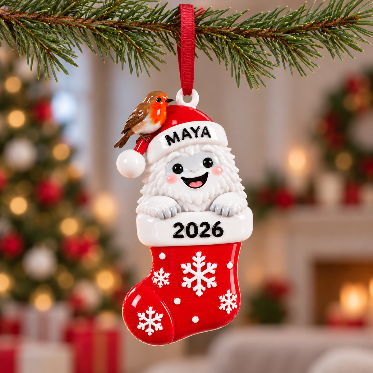 Christmas Yeti in Stocking with Robin Hanging Holiday Decor - 3D Relief Ornament