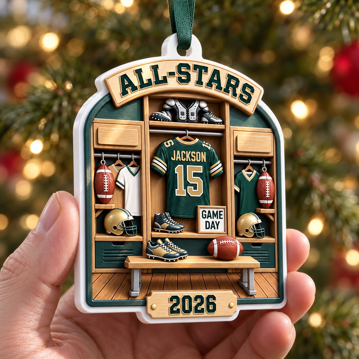 Football Locker Room Holiday Keepsake, Green and Gold Sports Gear Design - 3D Relief Ornament