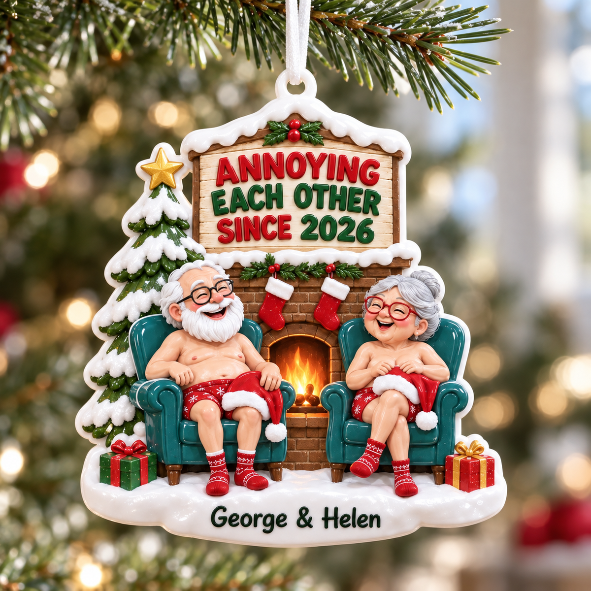 Christmas Couple Fireplace Holiday Tree Hanging Keepsake Decor - 3D Relief Ornament