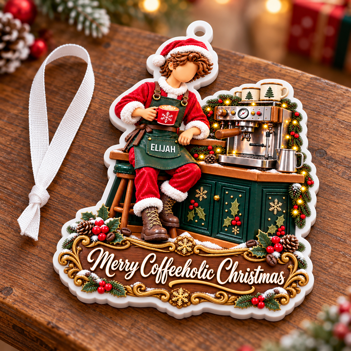 Barista Santa with Espresso Machine Merry Coffeeholic Christmas Acrylic Hanging Plaque - 3D Relief Ornament