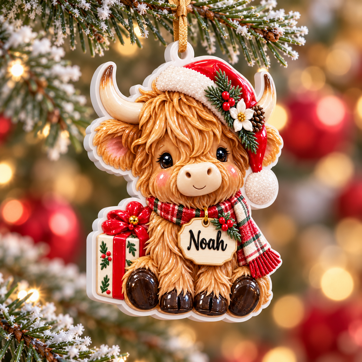 Baby Highland Cow with Santa Hat and Scarf Acrylic Christmas Tree Hanging Decor - 3D Relief Ornament