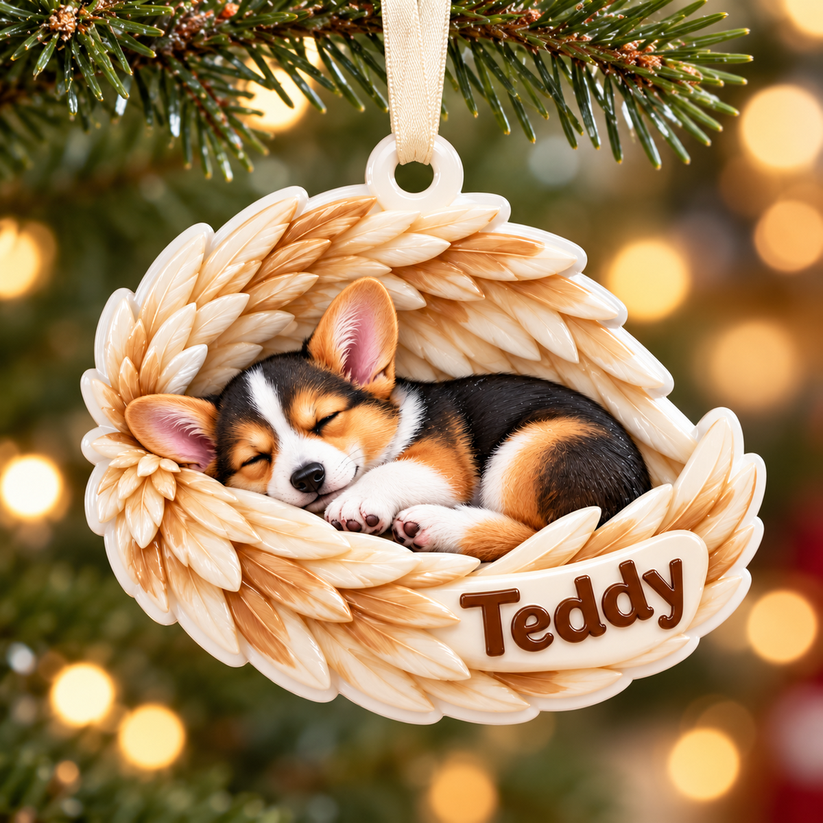 Sleeping Corgi Puppy with Angel Wings Hanging Holiday Keepsake - 3D Relief Ornament