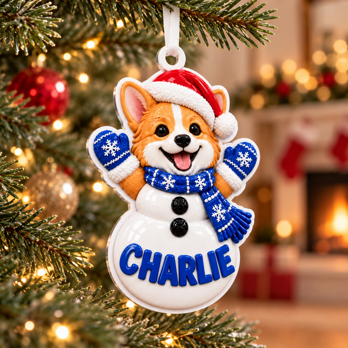 Corgi Dog Snowman with Blue Scarf and Santa Hat Acrylic Hanging Holiday Decor - 3D Relief Ornament