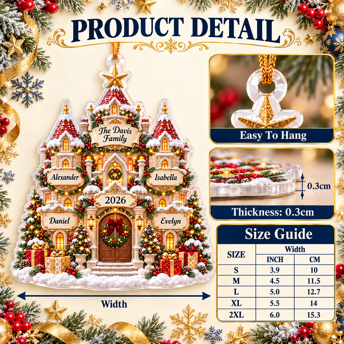 Snowy Christmas Castle Acrylic Hanging Keepsake - 3D Relief Ornament