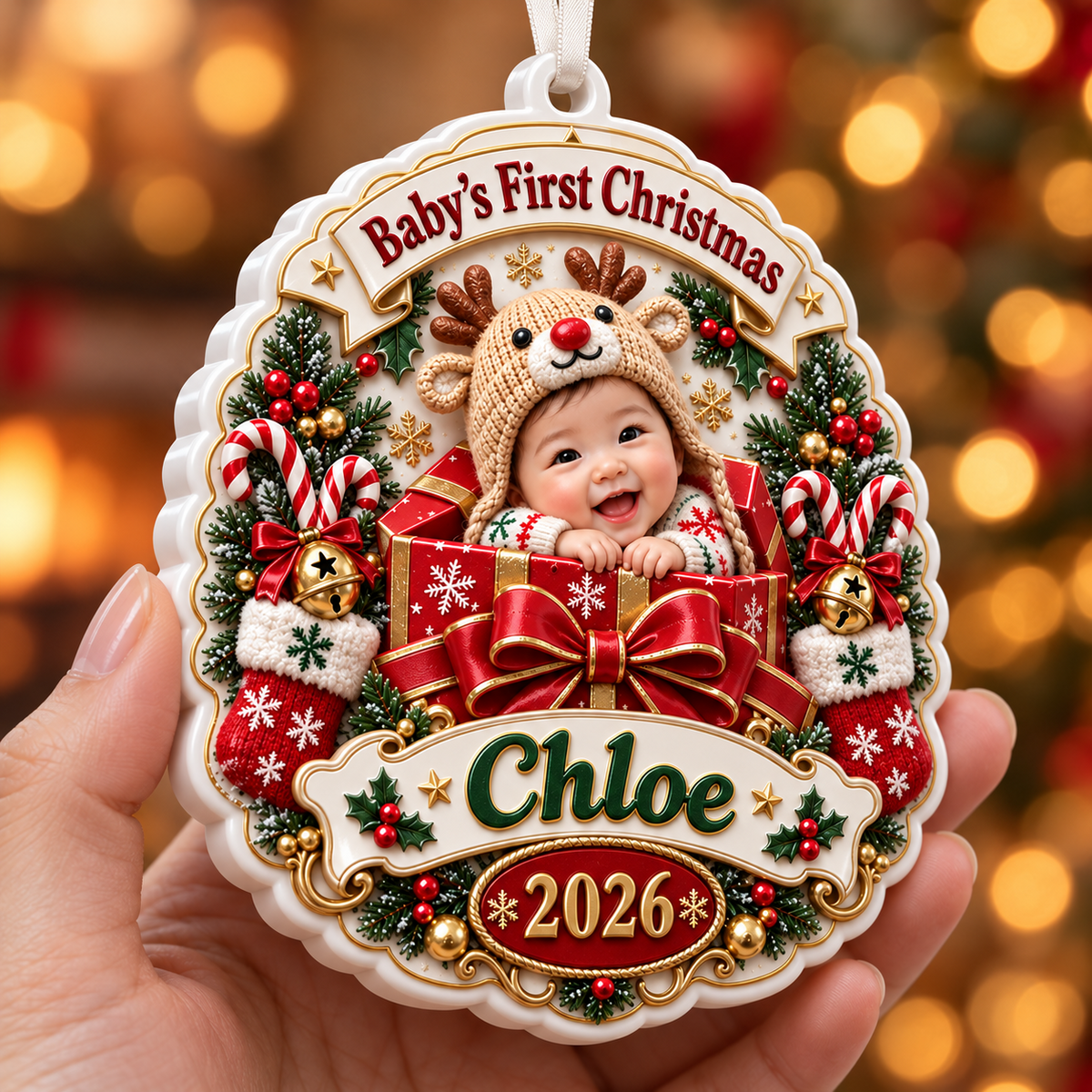 Baby's First Christmas Medallion Keepsake with Holiday Gift Box and Reindeer Hat - 3D Relief Ornament