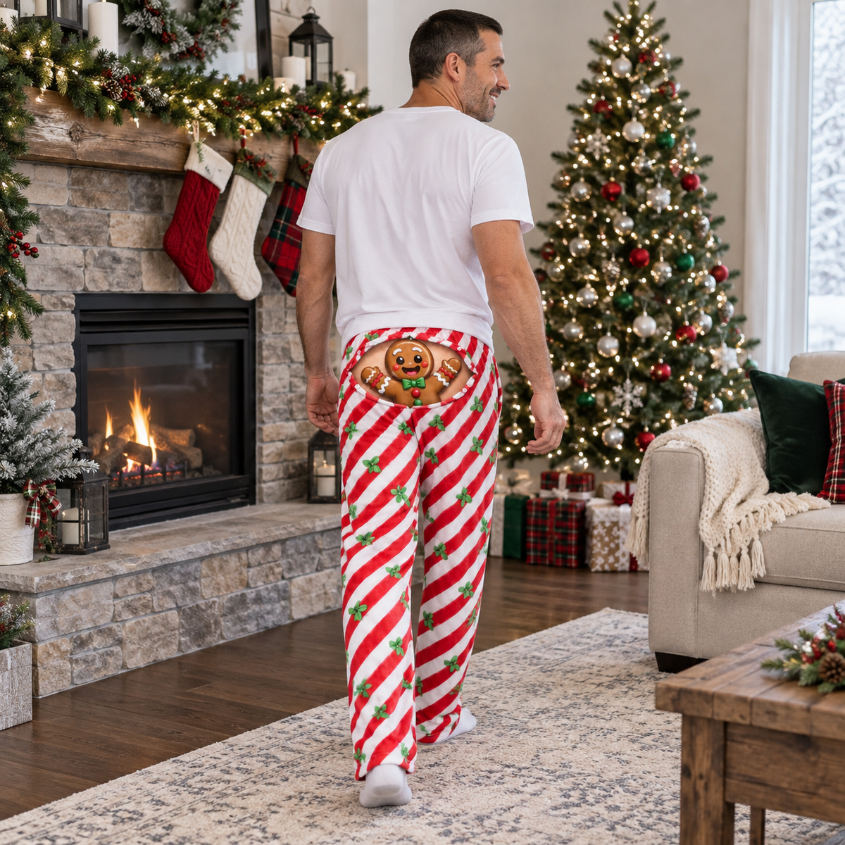 Funny Christmas Pajama Pants with Butt Flap Graphic Print