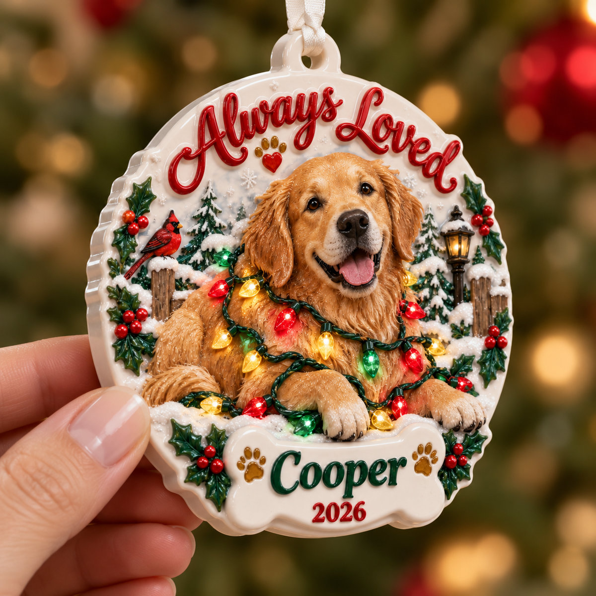 Golden Retriever Dog Memorial Winter Scene Ceramic Holiday Keepsake - 3D Relief Ornament