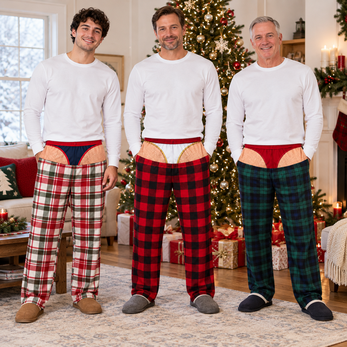 Men's Novelty Plaid Pajama Pants with Fake Sagging Briefs Print