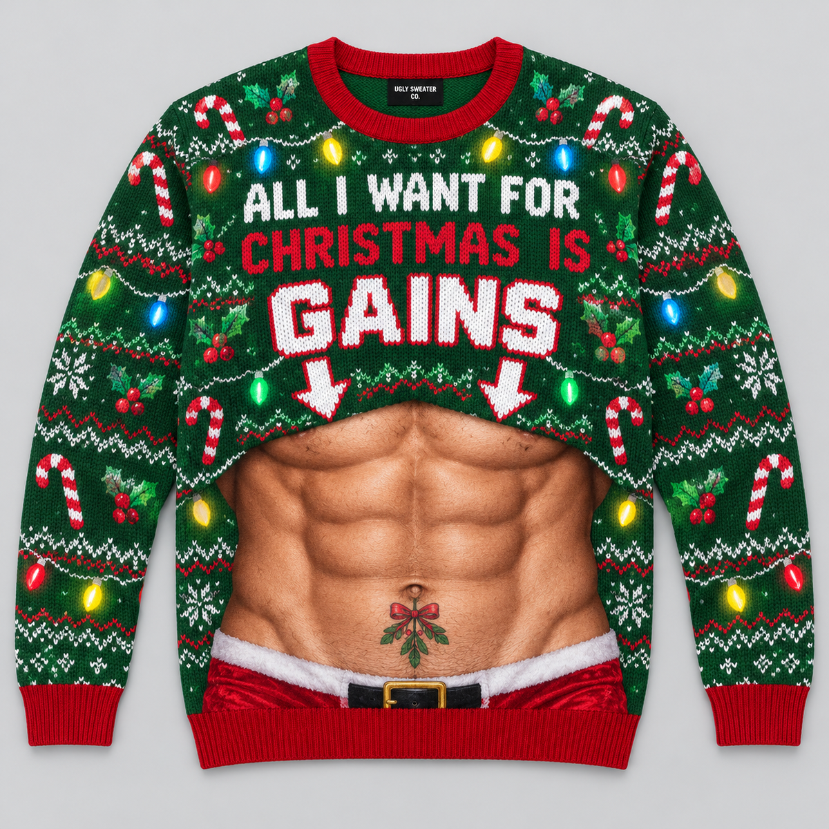 Funny Christmas Sweatshirt Fake Belly Print Novelty Holiday Pullover