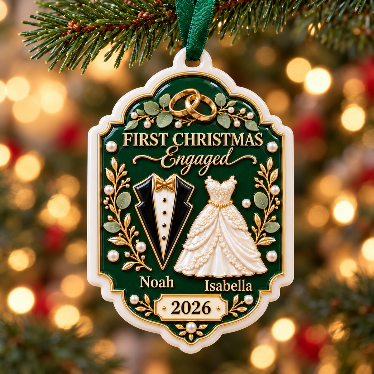 First Christmas Engaged Couple Plaque Emerald Green Tuxedo Gown Keepsake - 3D Relief Ornament