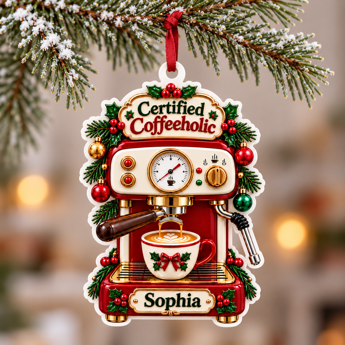 Espresso Machine Certified Coffeeholic Holiday Hanging Decor - 3D Relief Ornament