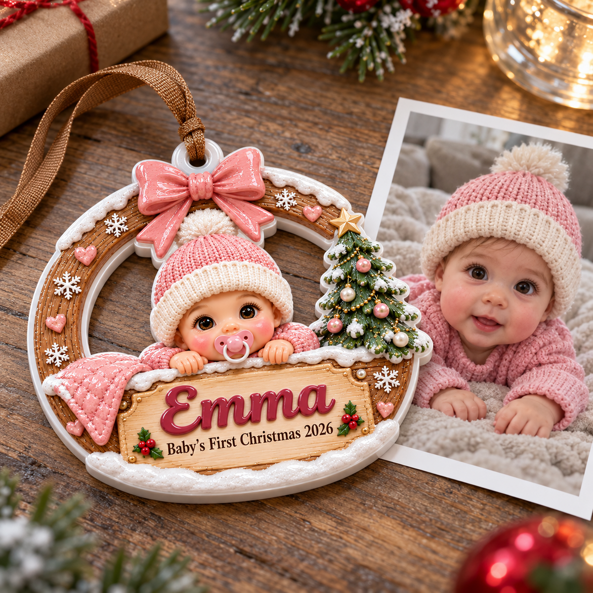 Baby Girl First Christmas Wreath with Pink Knit Beanie and Tree - 3D Relief Ornament