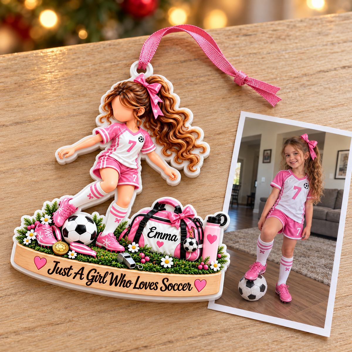 Pink Soccer Player Girl Acrylic Hanging Holiday Keepsake - 3D Relief Ornament
