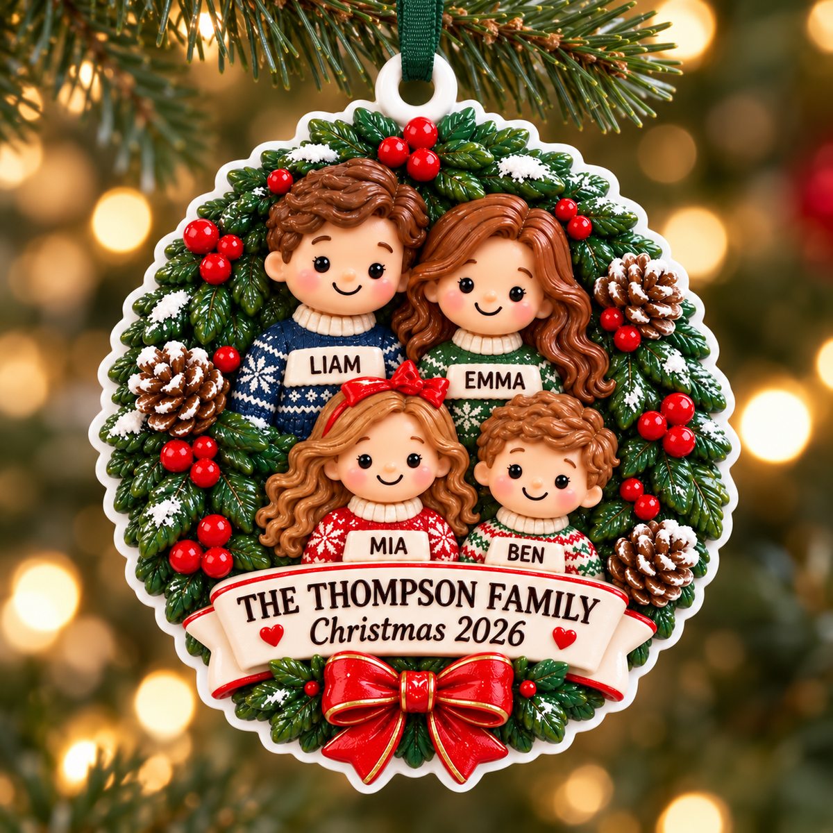 Family of Four Christmas Wreath Medallion with Red Ribbon Bow - 3D Relief Ornament