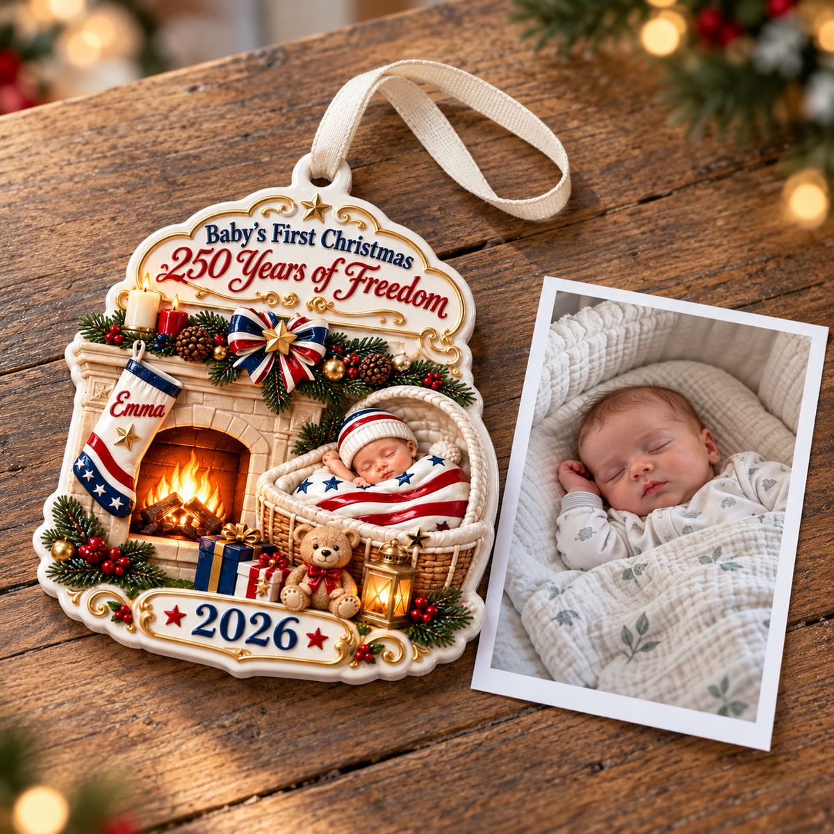 Baby's First Christmas 2026 Patriotic Fireplace Holiday Keepsake - 3D Relief Ornament