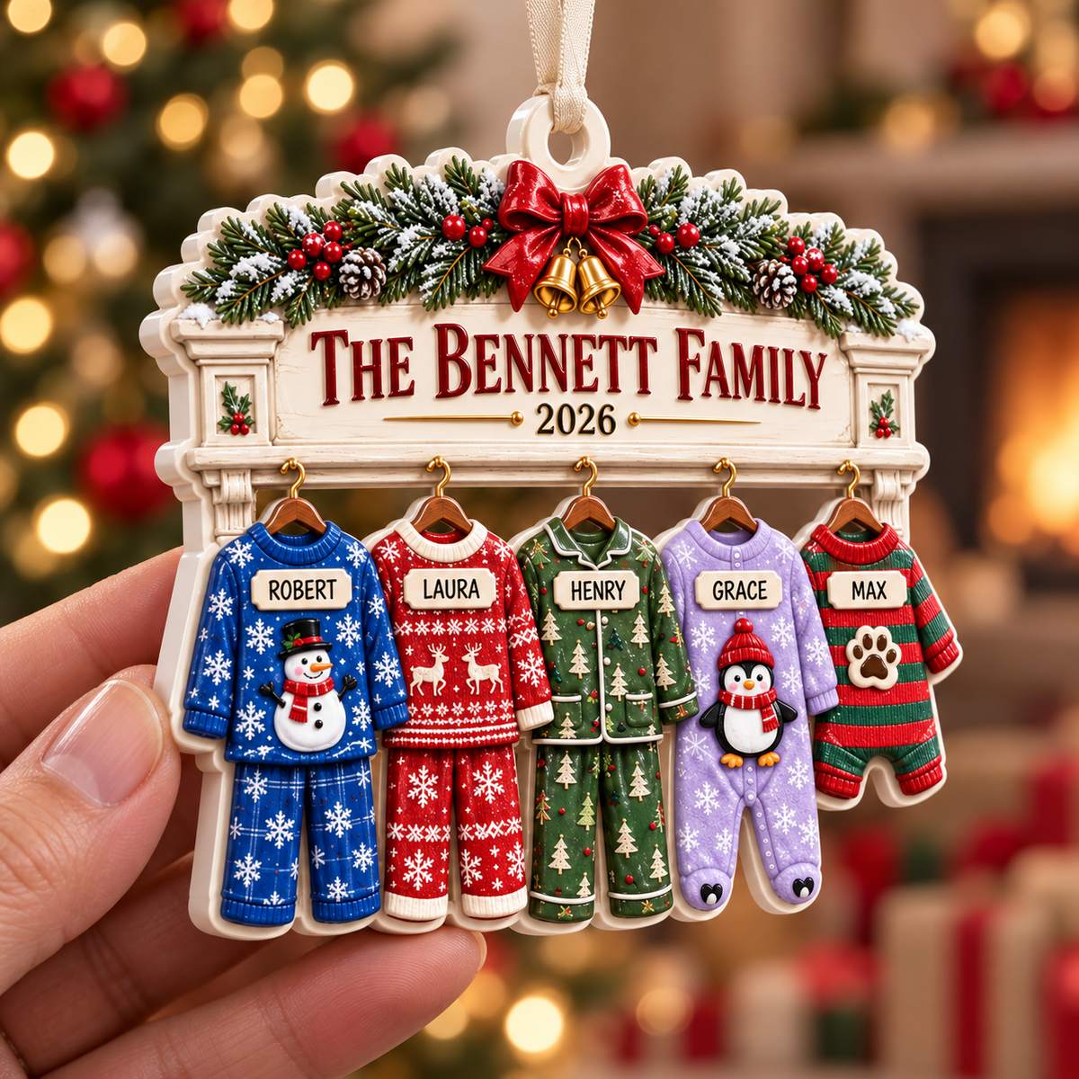 Family Pajamas Fireplace Mantle Hanging Holiday Keepsake - 3D Relief Ornament