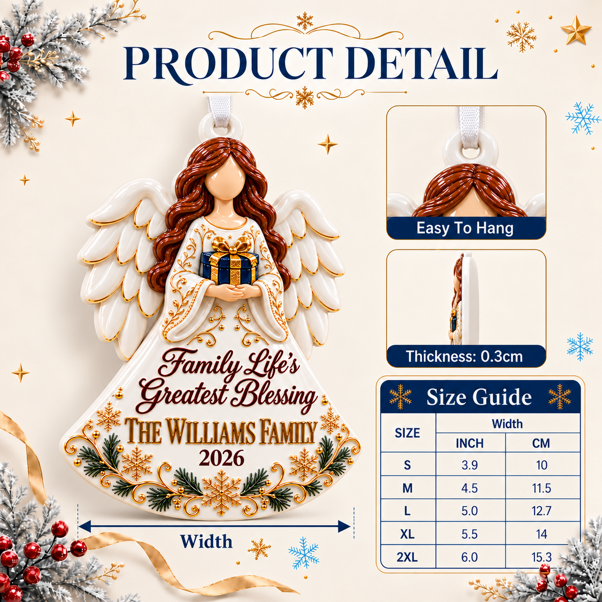 Family Blessing Angel Acrylic Keepsake with Wings and Gift Box Holiday Accent - 3D Relief Ornament