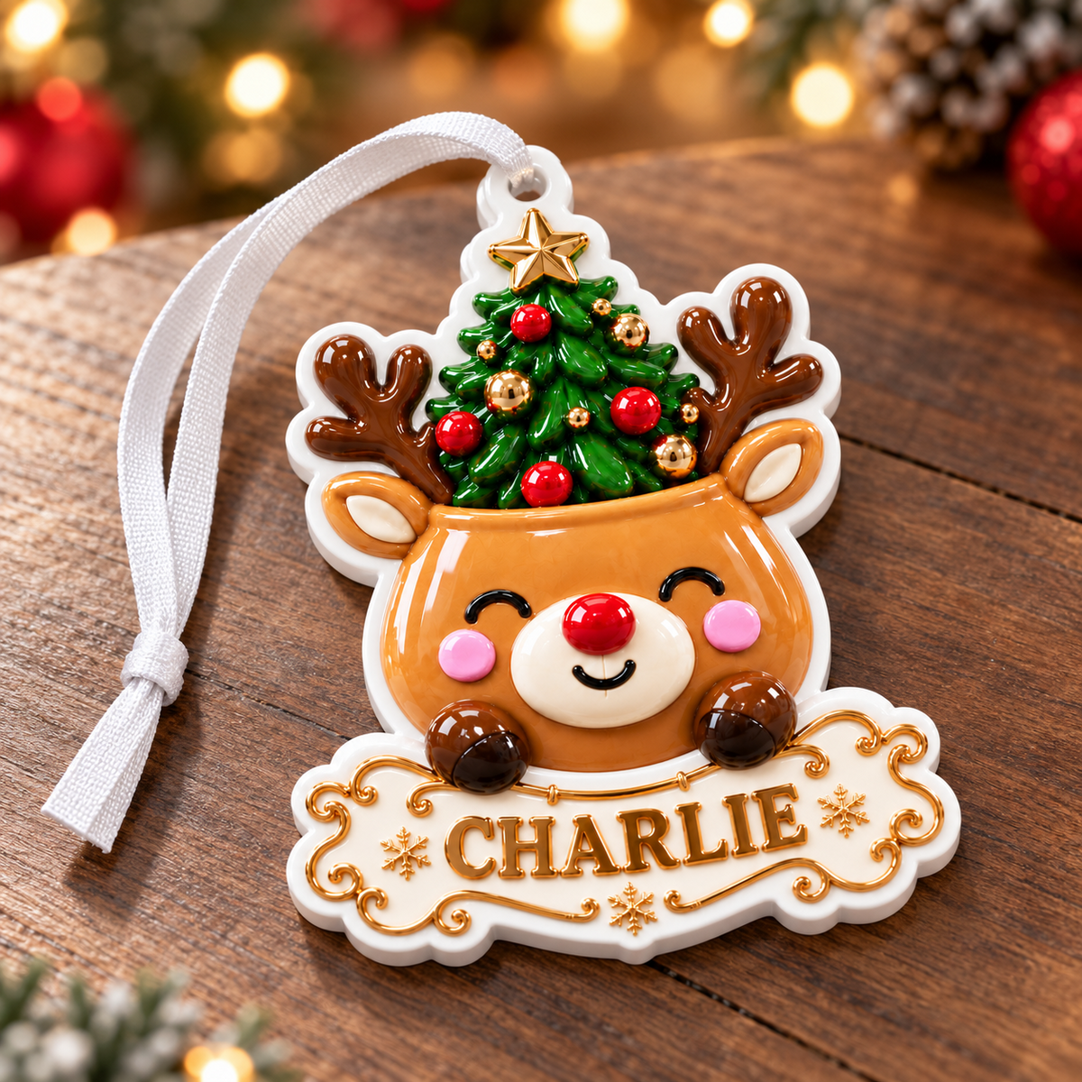 White Ceramic Scalloped Crest Holiday Tree Hanging Decoration - 3D Relief Ornament