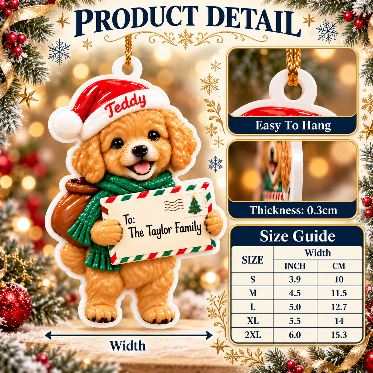 Christmas Puppy Holding Holiday Letter Hanging Tree Decor - 3D Relief Ornament