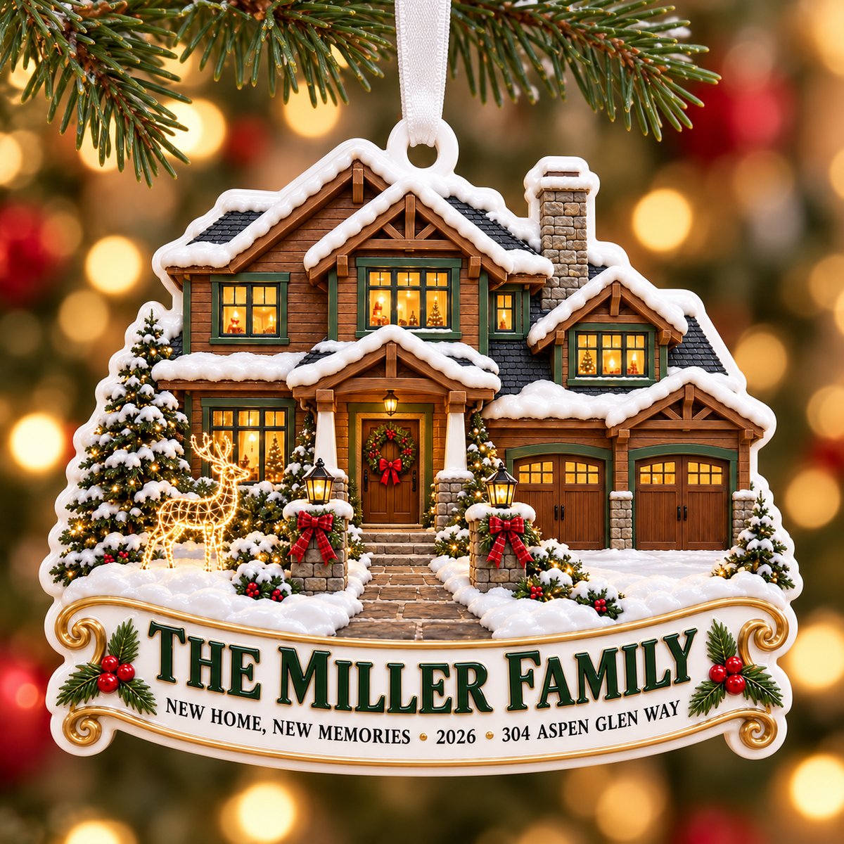 Snowy Winter House Holiday Keepsake with Ribbon Hanging Loop - 3D Relief Ornament