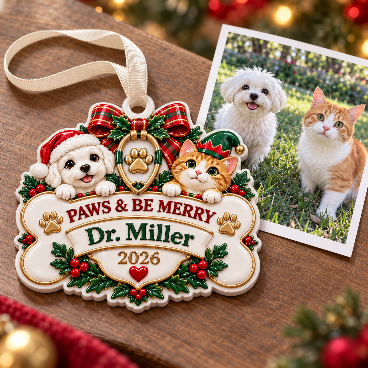 Veterinary Dog and Cat Bone Plaque Holiday Hanging Keepsake - 3D Relief Ornament