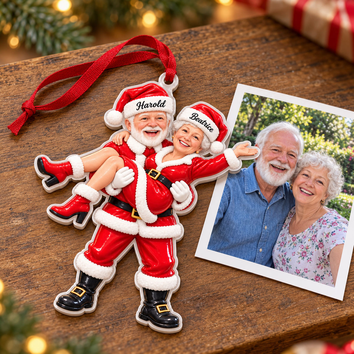 Santa and Mrs Claus Couple Holiday Tree Hanging Figurine in Red - 3D Relief Ornament