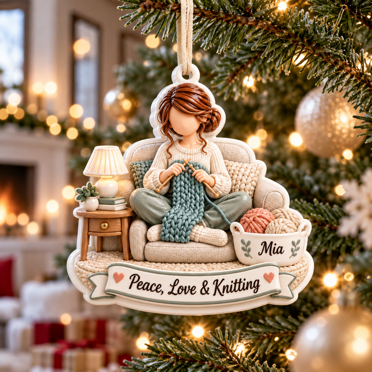 Woman Knitting in Armchair Holiday Keepsake with Yarn Basket - 3D Relief Ornament