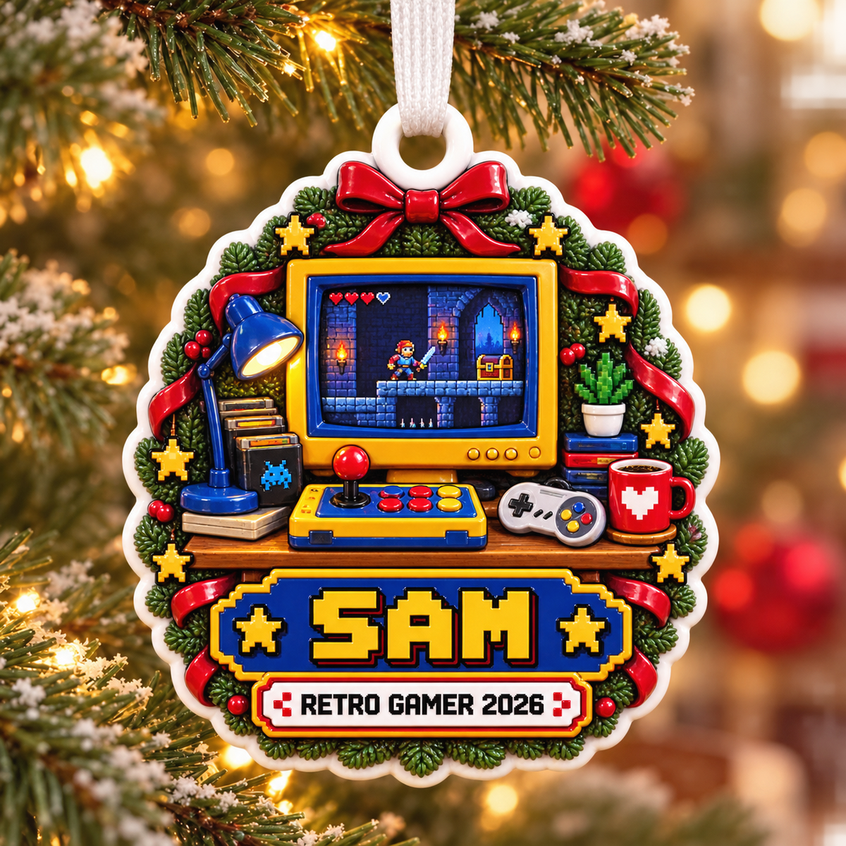 Retro Gamer Pixel Arcade Desk Holiday Hanging Keepsake - 3D Relief Ornament