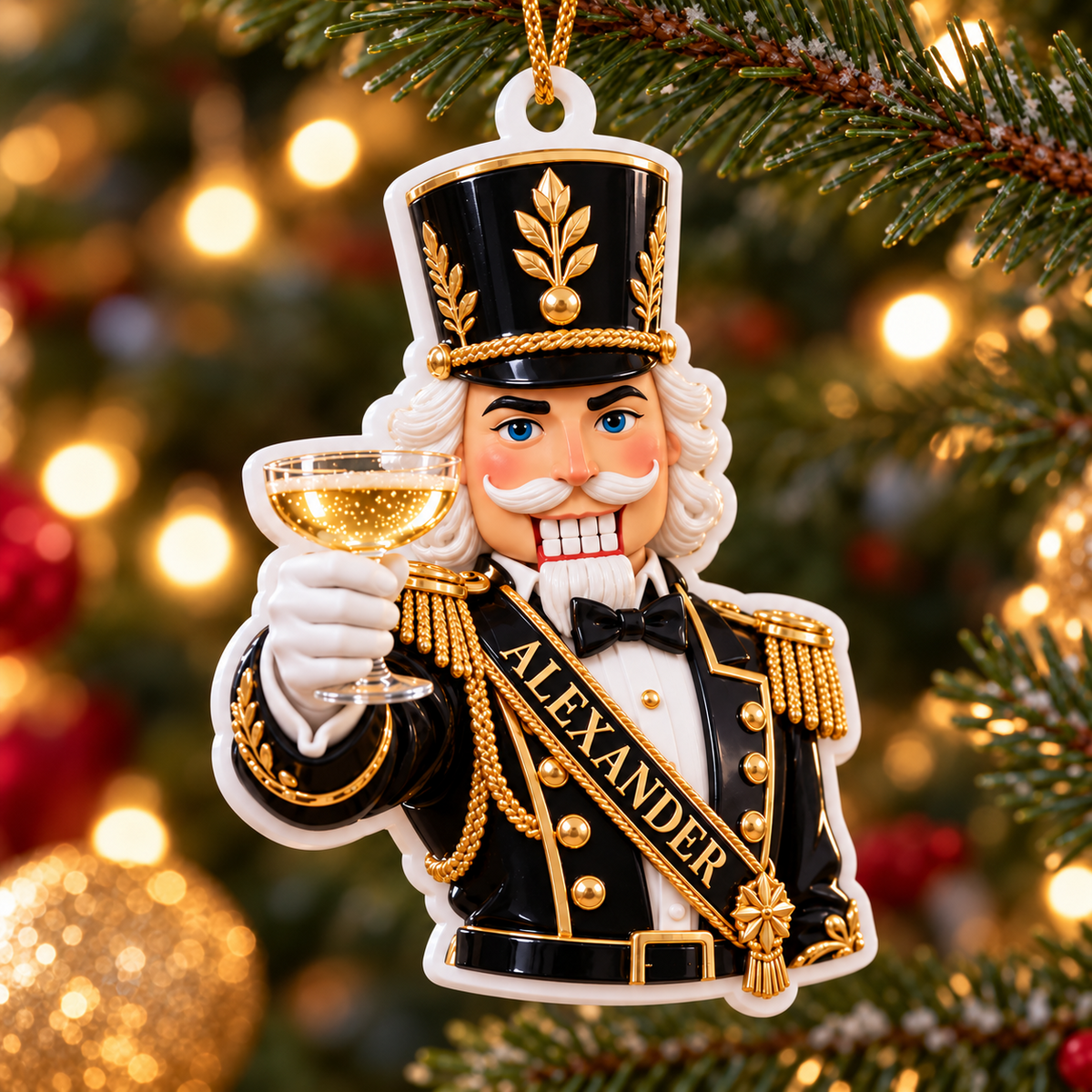 Black and Gold Soldier Nutcracker Toasting Champagne Holiday Tree Decor - 3D Relief Ornament