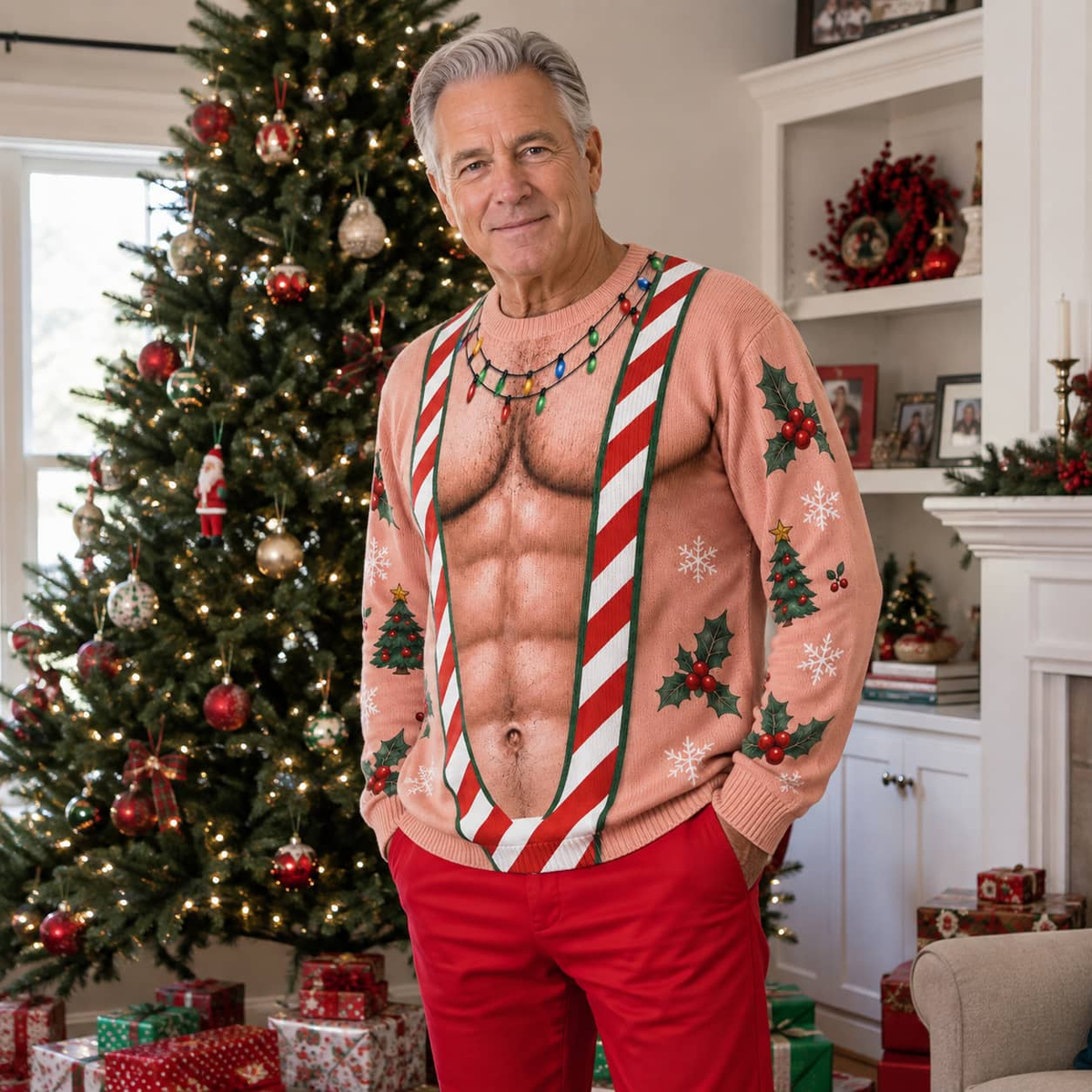 Funny Christmas Sweatshirt Hairy Muscle Chest Graphic Pullover