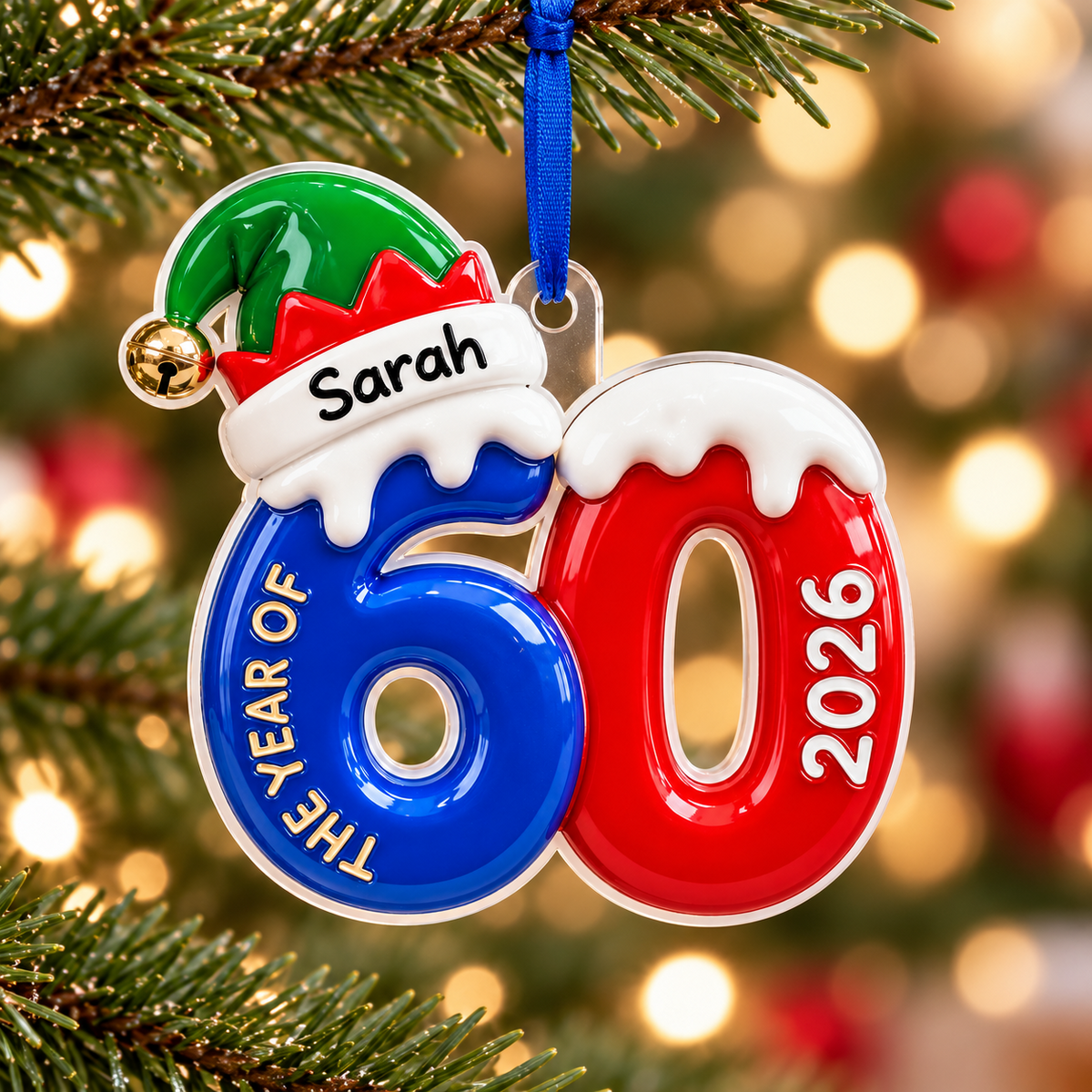 Milestone Birthday Number 60 Elf Hat Acrylic Hanging Keepsake - 3D Relief Ornament