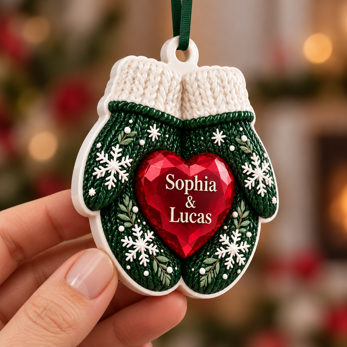 Winter Mittens with Red Gem Heart Christmas Tree Decoration - 3D Relief Ornament