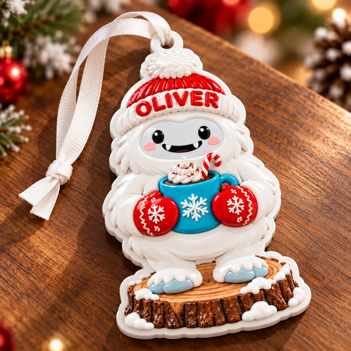 Abominable Snowman Yeti with Hot Cocoa Holiday Tree Accent - 3D Relief Ornament