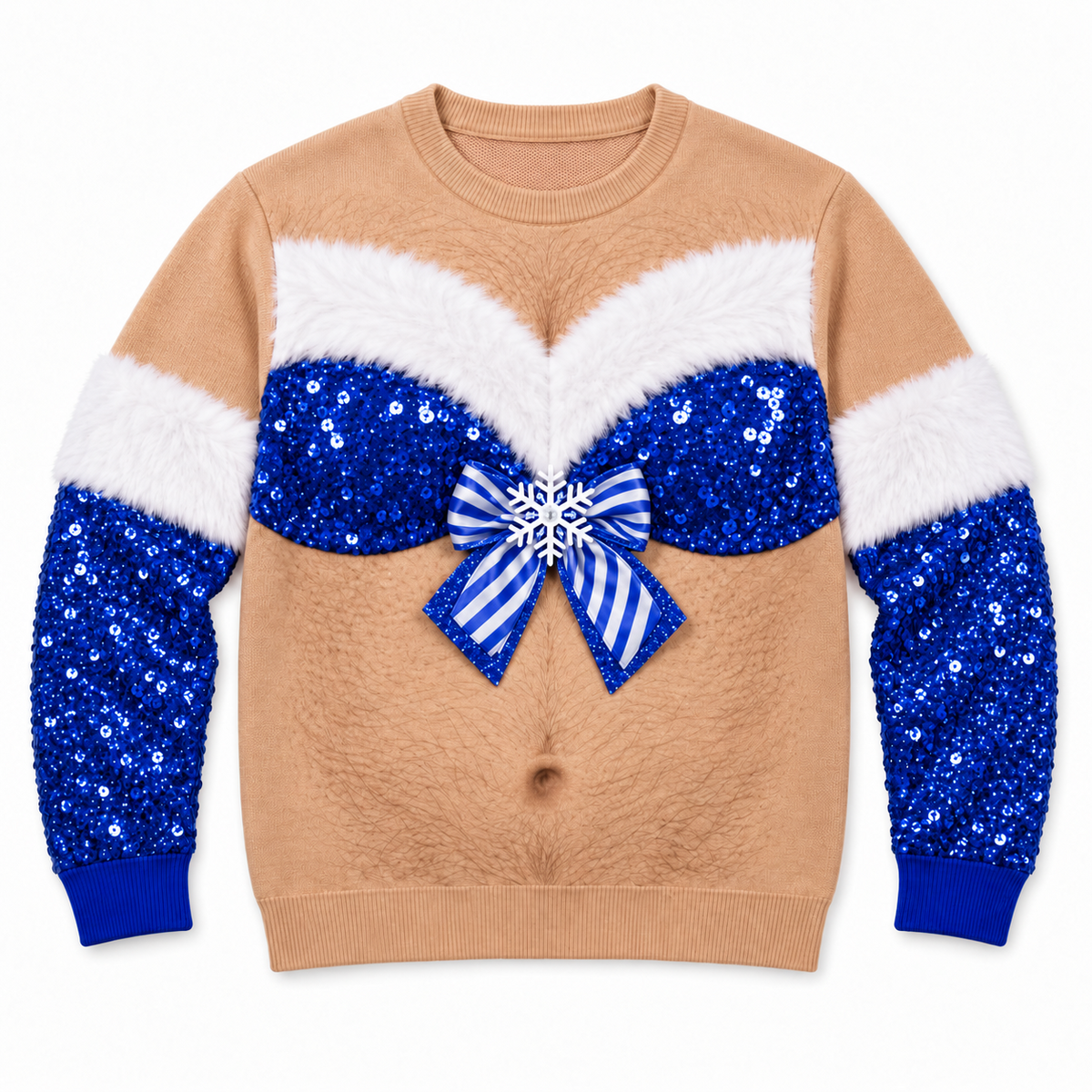 Ugly Christmas Sweatshirt Hairy Chest Sequin Bra Bow Crewneck