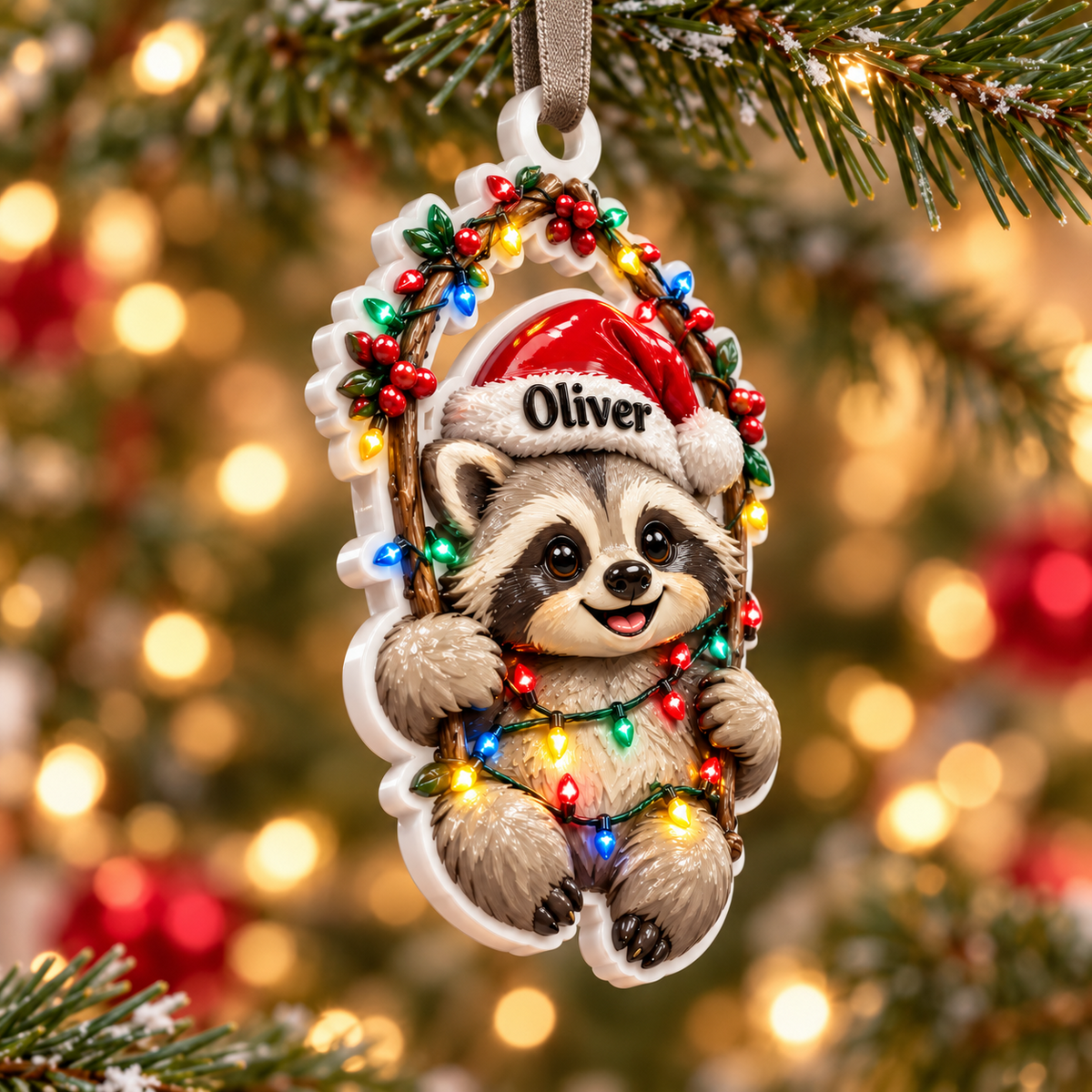 Baby Raccoon in Santa Hat with Christmas Lights Branch Wreath - 3D Relief Ornament