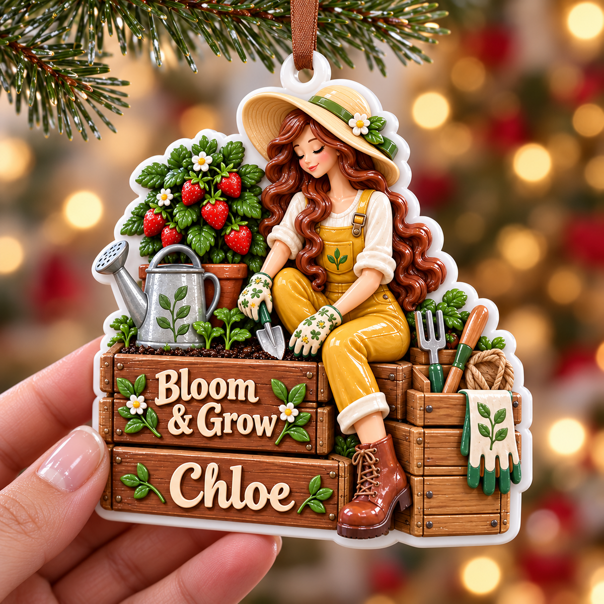 Gardening Girl with Strawberry Planter and Watering Can Holiday Hanging Keepsake - 3D Relief Ornament